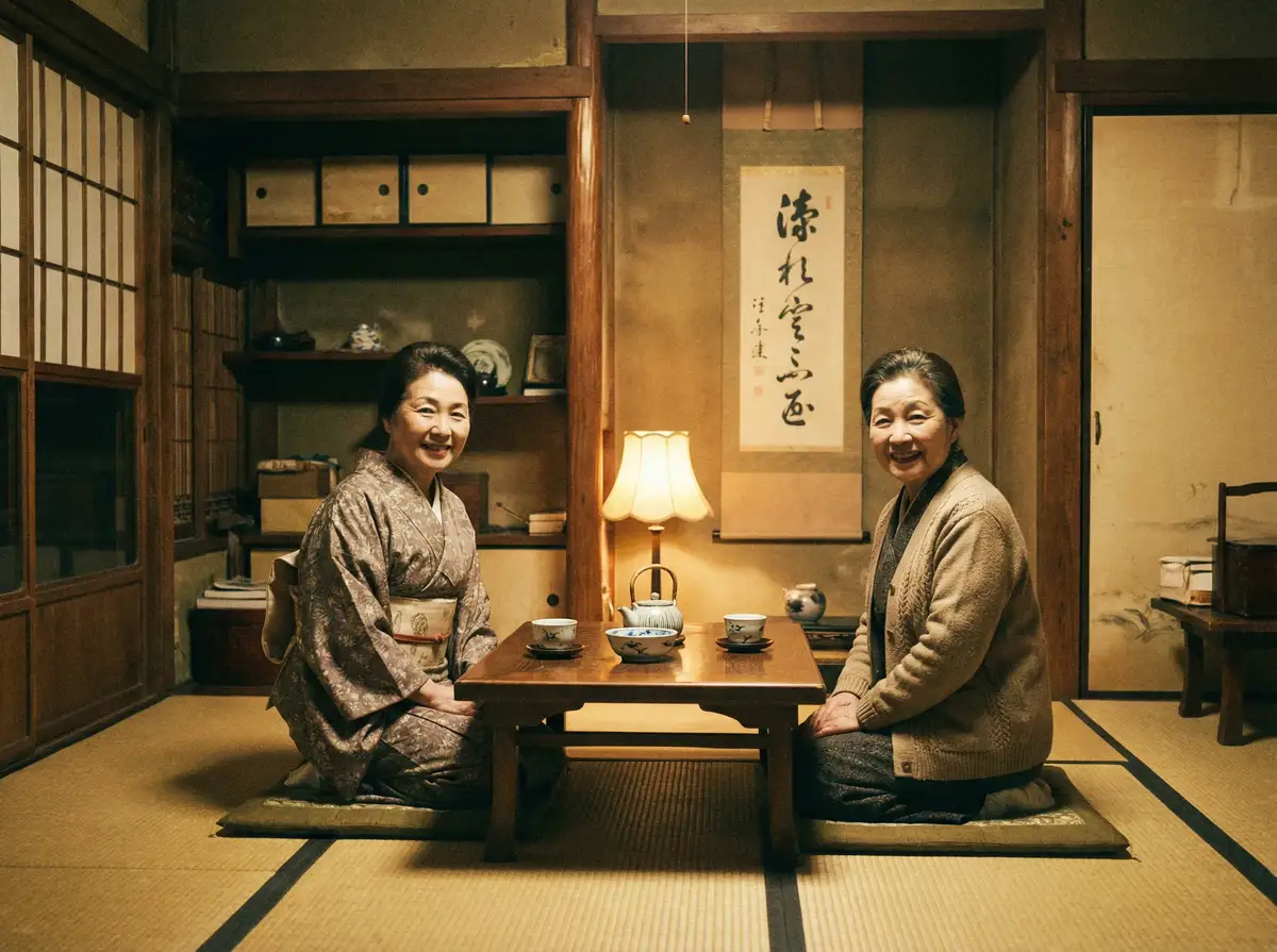 两位优雅的 环球体育平台 在日式茶室中品茶交谈